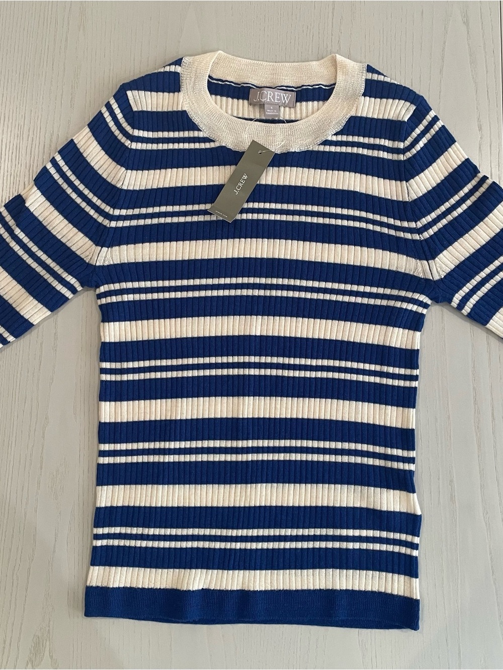 J. Crew Carolyn Striped Merino Wool Sweater CM699 Harbor blue ivory - Small - Picture 3 of 8